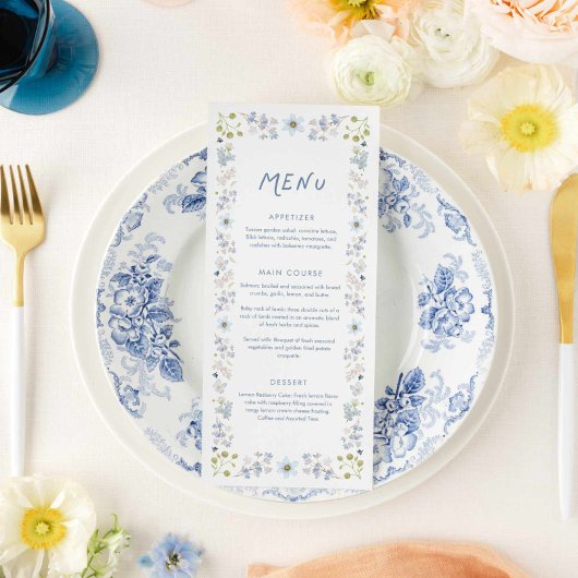 Elegant Blue Floral Bridal Shower Menükarte