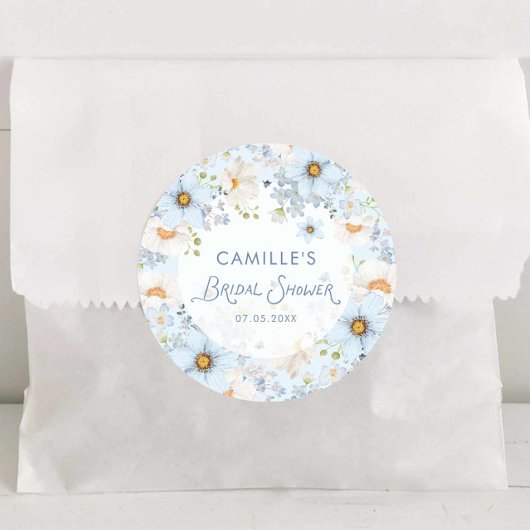 Elegant Blue Floral Bridal Shower Round Sticker