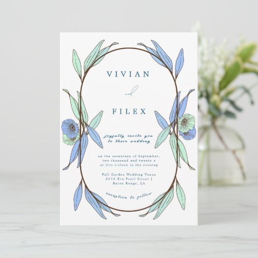 Elegant Blue Floral Capsul Wedding Einladung (Stehend Vorderseite)