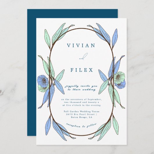 Elegant Blue Floral Capsul Wedding Einladung (Vorne/Hinten)