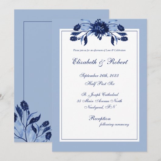 Elegant Blue Floral Chic Script Wedding Einladung (Vorne/Hinten)