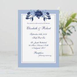 Elegant Blue Floral Chic Script Wedding Einladung