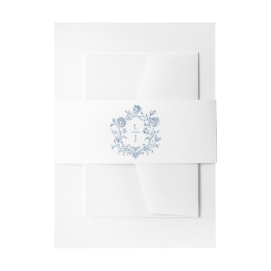 Elegant Blue Floral Crest Monogram Wedding Invite Einladungsbanderole (Vorderseite Beispiel)