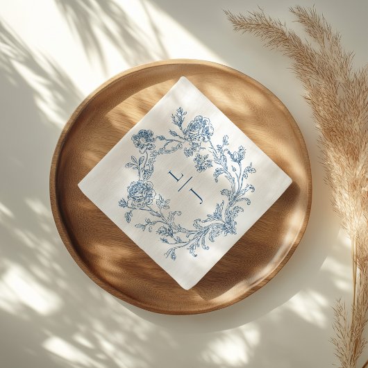 Elegant Blue Floral Crest Monogram Wedding Serviette