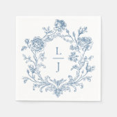 Elegant Blue Floral Crest Monogram Wedding Serviette (Vorderseite)