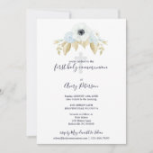 Elegant Blue Floral Cross Erste Heilige Kommune Einladung (Vorderseite)