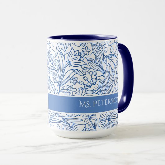 Elegant Blue Floral Custom Tasse (VorderseiteRechts)