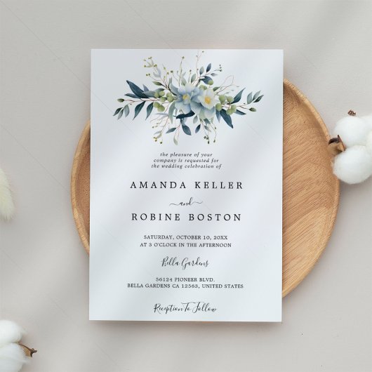 Elegant Blue Floral & Eucalyptus Wedding Einladung