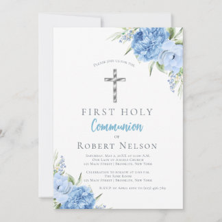Elegant Blue Floral First Holy Communion Einladung