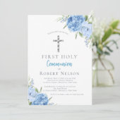 Elegant Blue Floral First Holy Communion Einladung (Stehend Vorderseite)