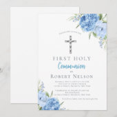 Elegant Blue Floral First Holy Communion Einladung (Vorne/Hinten)