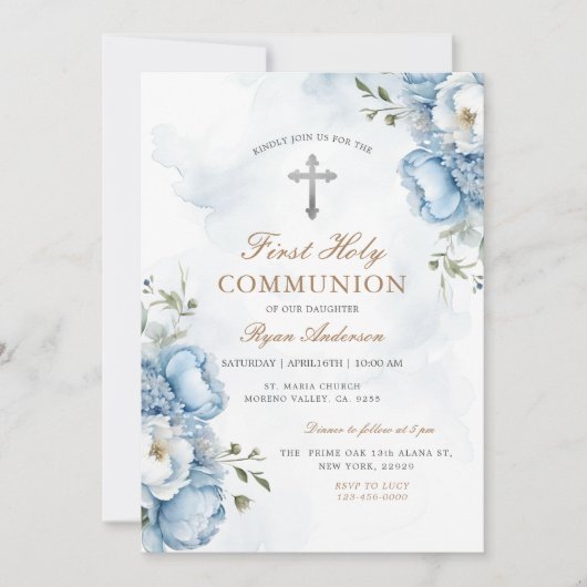 Elegant Blue Floral First Holy Communion Einladung (Vorderseite)