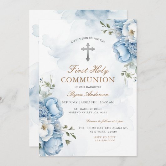 Elegant Blue Floral First Holy Communion Einladung (Vorne/Hinten)