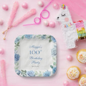 Elegant Blue Floral Frame 100. Geburtstagsparty Pappteller (Party)