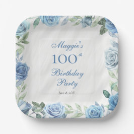 Elegant Blue Floral Frame 100. Geburtstagsparty Pappteller