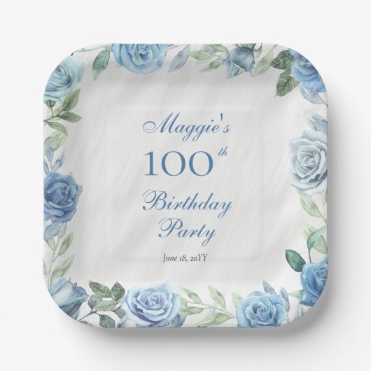 Elegant Blue Floral Frame 100. Geburtstagsparty Pappteller (Vorderseite)