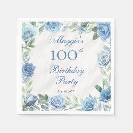 Elegant Blue Floral Frame 100. Geburtstagsparty Serviette