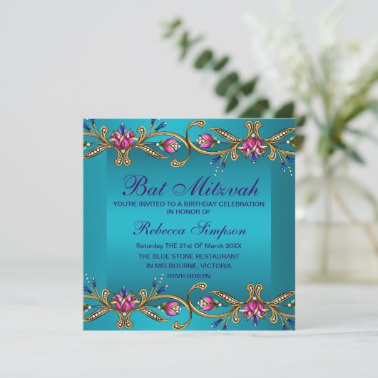 Elegant Blue Floral Gem Bat Mitzvah Einladung (Stehend Vorderseite)
