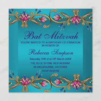 Elegant Blue Floral Gem Bat Mitzvah Einladung