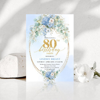 Elegant Blue Floral Gold 80th Birthday Invitation Einladung