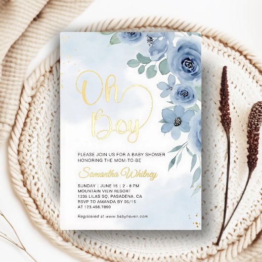 Elegant Blue Floral Gold Boy Baby Shower Folieneinladung