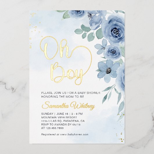 Elegant Blue Floral Gold Boy Baby Shower Folieneinladung (Vorderseite)