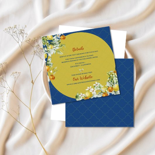 Elegant Blue Floral Gold Citrus Wedding Details Begleitkarte