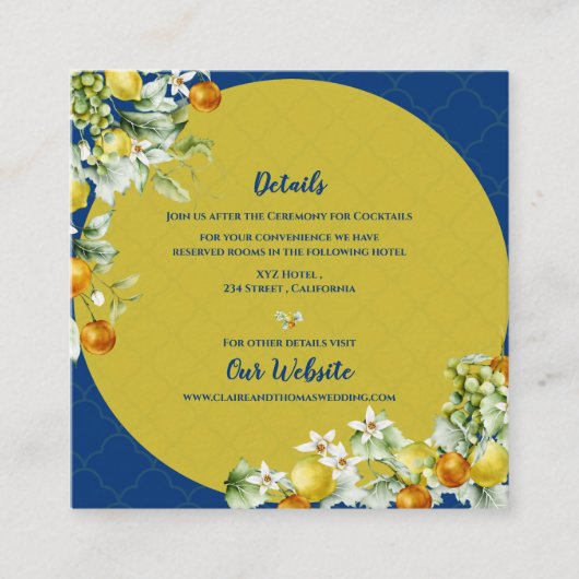 Elegant Blue Floral Gold Citrus Wedding Details Begleitkarte (Vorderseite)