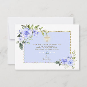 Elegant Blue Floral Gold Cross Boy Bestätigung Dankeskarte