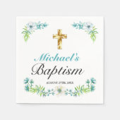 Elegant Blue Floral Gold Cross Taufen Serviette (Vorderseite)