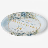 Elegant Blue Floral Gold Custom Quinceañera Plates Pappteller (Schrägansicht)
