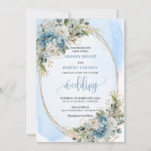 Elegant Blue Floral Gold Frame Wedding Invitation Einladung (Vorderseite)
