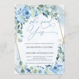 Elegant Blue Floral Gold Geometric sagte sie ja Einladung