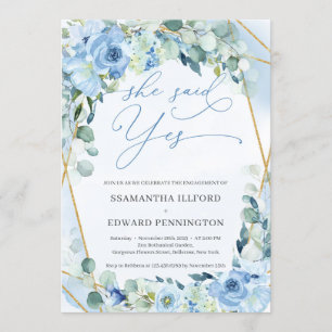 Elegant Blue Floral Gold Geometric sagte sie ja Einladung