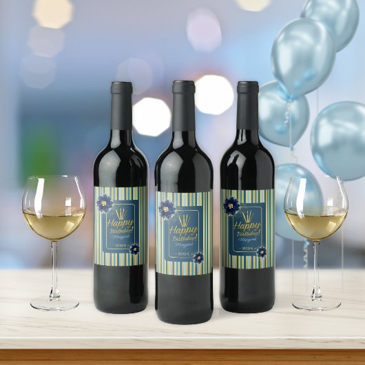 Elegant Blue Floral Gold Streifen Happy Birthday Weinetikett
