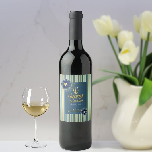 Elegant Blue Floral Gold Streifen Happy Birthday Weinetikett