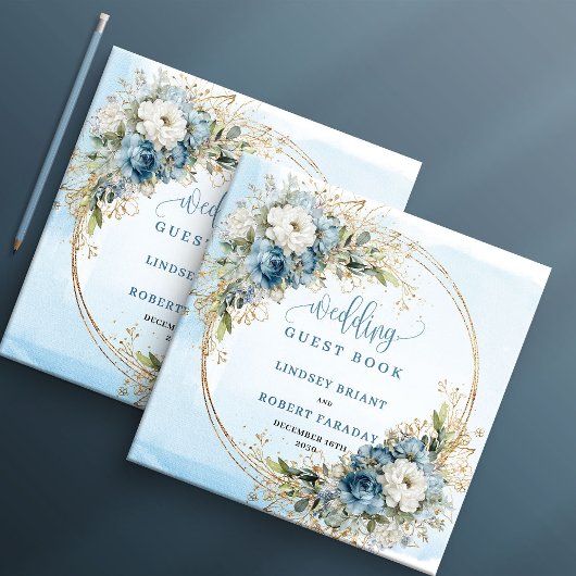Elegant Blue Floral Gold Wedding Sign In Book Gästebuch