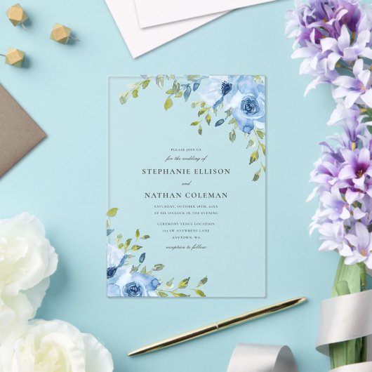 Elegant Blue Floral Greenerity Wedding Acryleinladungen (In Situ (Hochzeit))