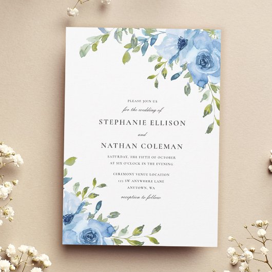 Elegant Blue Floral Greenerity Wedding Einladung