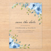 Elegant Blue Floral Greenery Save The Date Acryleinladungen (Vorderseite)