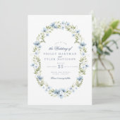Elegant Blue Floral Greenery Wreath Wedding Einladung (Stehend Vorderseite)
