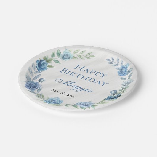 Elegant Blue Floral Happy Birthday Pappteller (Schrägansicht)