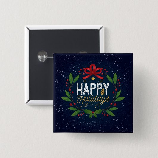 Elegant Blue Floral Happy Holidays | Schaltfläche Button (Vorne & Hinten)