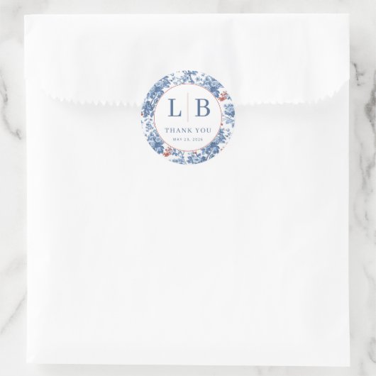 Elegant Blue Floral Initials Runder Aufkleber (Tasche)