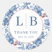 Elegant Blue Floral Initials Runder Aufkleber (Vorderseite)