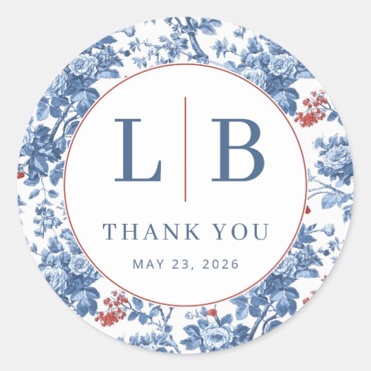 Elegant Blue Floral Initials Runder Aufkleber (Vorderseite)