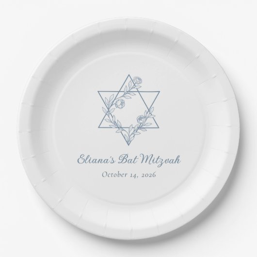 Elegant Blue Floral Jewish Star Chic Bat Mitzvah Pappteller (Vorderseite)