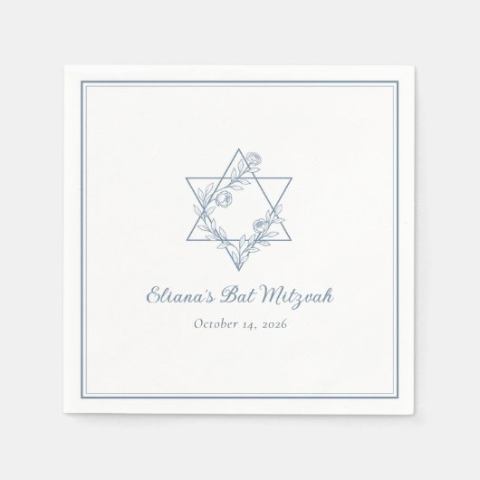 Elegant Blue Floral Jewish Star Chic Bat Mitzvah Serviette (Vorderseite)