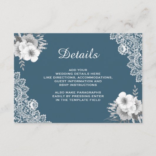 Elegant Blue Floral Lace Hochzeiten Details Begleitkarte (Vorderseite)