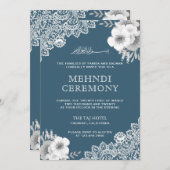 Elegant Blue Floral Lace Islamischer Mehndi Einladung (Vorne/Hinten)